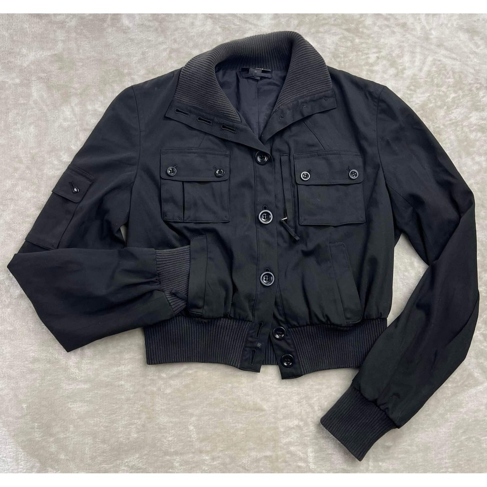 Express Womens Black Utility Bomber Jacket Cropped Cargo Pocket Size 12